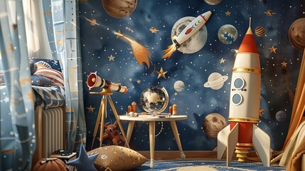 child's bedroom transformed into a space explorer's command center, complete with handmade rocket ships, planetary maps, and a telescope pointed at the stars, fueling dreams of cosmic adventure. - 766035021