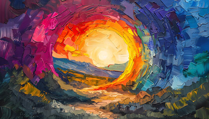 Abstract art of the empty tomb of Jesus, a colorful and vibrant painting with a Christian theme.