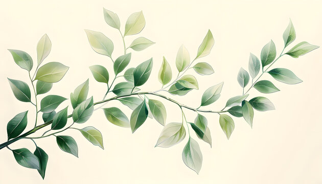 A beautiful watercolor painting of a plant branch with vibrant green leaves on a blank white background, showcasing the delicate and intricate details of nature
