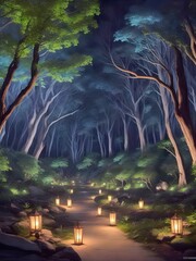 Fototapeta premium lamps inside the forest in anime style