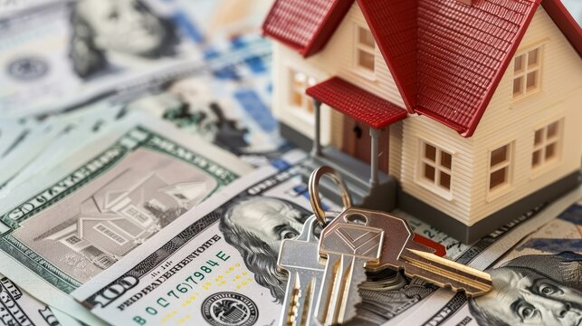 This image features a close-up of a home model, dollar bills, and house keys, representing concepts