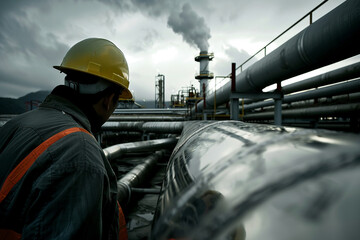 Engineer checking pipeline, twilight hues, close frontal view, moody atmosphere. - obrazy, fototapety, plakaty