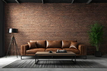 Living room in industrial style with leather sofa and brick wall - 3d rendering