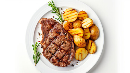 grilled beef steak and potatoes on plate isolated on white background, top view . Generative Ai - obrazy, fototapety, plakaty