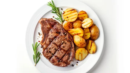 Fototapeten grilled beef steak and potatoes on plate isolated on white background, top view . Generative Ai © we3_food