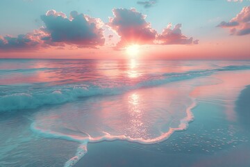 The sun is setting on the horizon, casting a golden glow over the ocean. Waves crash against the sandy beach, creating a mesmerizing natural landscape - obrazy, fototapety, plakaty