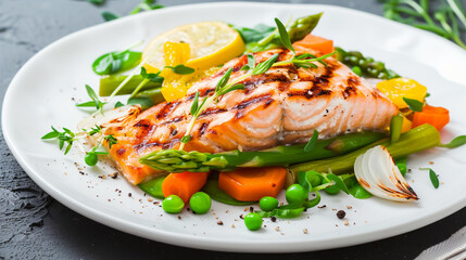 grilled salmon with asparagus, pea, yellow peppers, carrots and spring onions white . Generative Ai