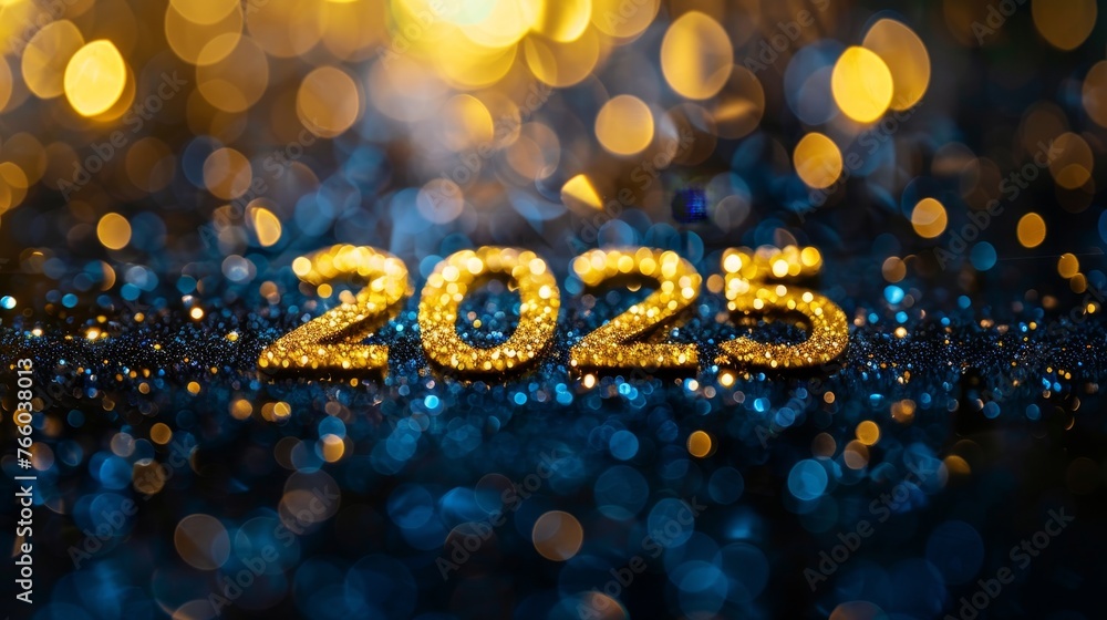 Poster 2025 new year greeting card with big golden numbers on dark background with fireworks and bokeh.