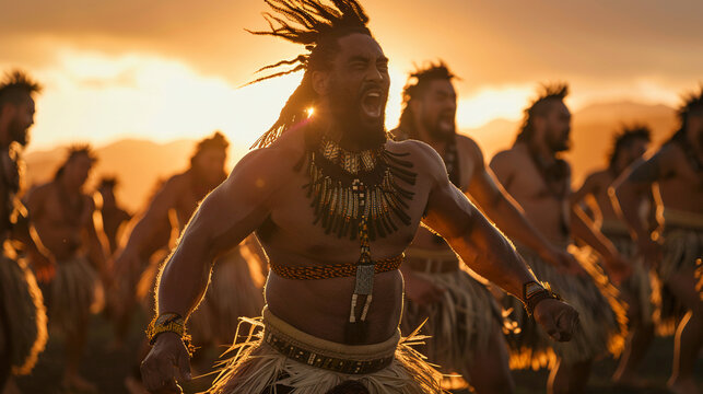 Haka dance, front angle, traditional attire, vibrant sunset backdrop