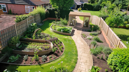 Landscape design with gazebo, garden beds and stone path / walkway (also with wooden fence)