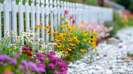 Echinacea and other flowers in flower bed near white fence in garden - obrazy, fototapety, plakaty