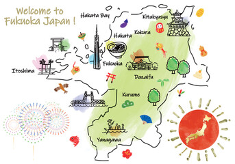 福岡県の観光地のかわいいイラストマップと縁起物