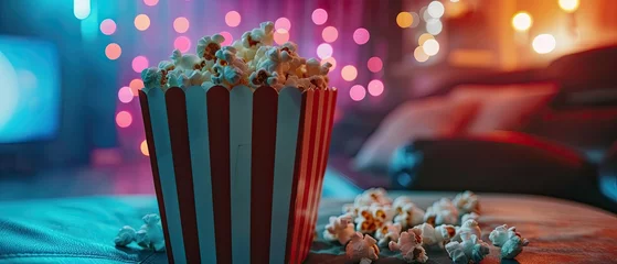 Foto op Aluminium A cinematic night scene of eating popcorn and watching movies with a focus on the overflowing popcorn bucket © AI Farm
