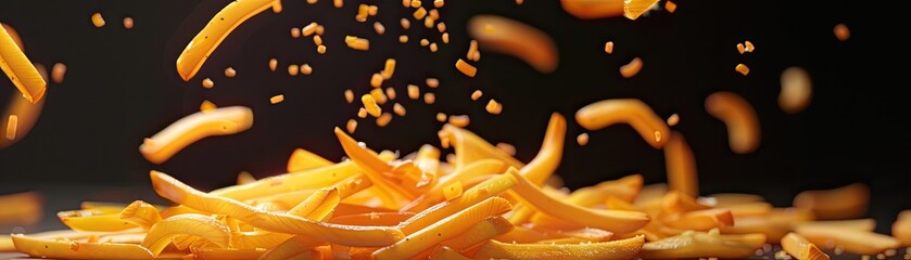 A dynamic scene of french fries raining down into a pile with a few fries bouncing off the top