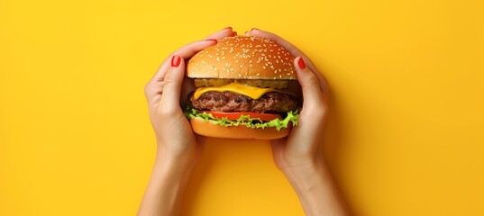 Hands holding tasty burger on yellow backdrop with ample room for personalized text placement