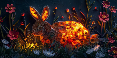 a paper sculpture of rabbit in a field of flowers