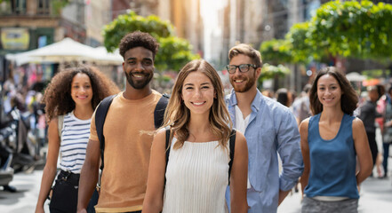 A group of young men and women smiling and looking at the viewer in a city environment.