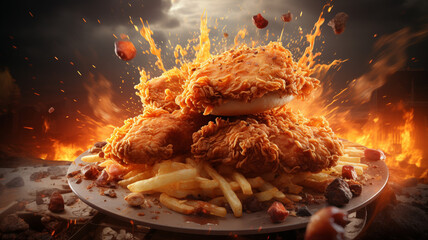 Fast food concept. Fried chicken and french fries flying out of oven generativa IA - obrazy, fototapety, plakaty