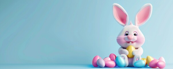 Obraz premium Easter Celebration Banner with Cartoon Bunny and Colorful Eggs. Generative AI. 