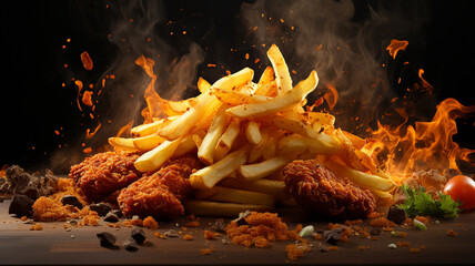 Fast food. Fried chicken, french fries and vegetables on a black background generativa IA