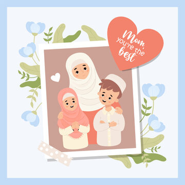 Cute holiday islamic family. Photo from happy Muslim woman mother with her children son and daughter with flowers. Mother's confession and congratulations. Vector illustration 