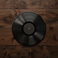 A classic vinyl record resting on a simple dark wood grain table