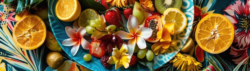 A whimsical arrangement of tropical fruits and flowers creating an edible landscape on a vibrant plate
