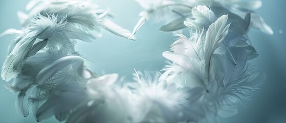 An ethereal scene of a heart-shaped wreath made of soft white feathers