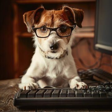 A Jack Russell Terrier as a computer technician with glasses and a keyboard