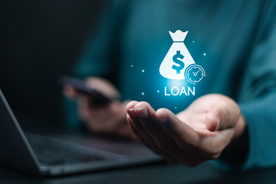 Online personal loan and financial concept. Financial loan agreement, Personal or business loans through online services between lenders and borrowers. Person using laptop laptop with loan icon.
