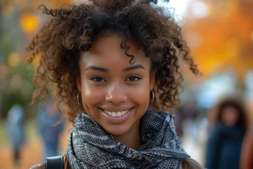 Fotobehang A happy woman with black curly hair and a jheri curl is smiling as she wears a scarf while traveling. Her eyebrows are on fleek, adding character to her fun look © RichWolf