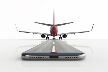An AI generative image of aeroplane take off from smartphone on white background.