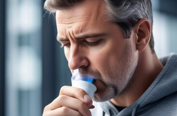 A man breathes an aerosol to relieve allergy symptoms. Hay fever and bronchial asthma - obrazy, fototapety, plakaty