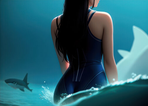 A woman in a closed swimsuit in the sea, next to a swimming shark