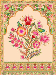 Mughal floral traditional ornament with an arch and a motif borders. Recycled ethnic Indian miniature.