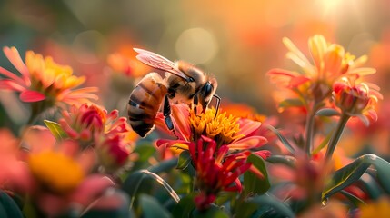 , Honeybee collecting nectar from vibrant flowers, Honeycomb structure in a lush garden, Natural sunlight highlighting the intricate details of the bee and honeycomb - obrazy, fototapety, plakaty
