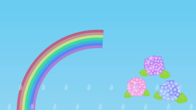 紫陽花と雨が上がり虹が出るアニメーション
