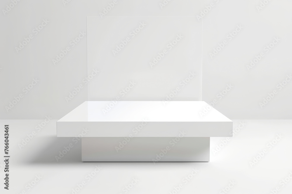Wall mural close up view of a modern white empty display table, isolated with white background...