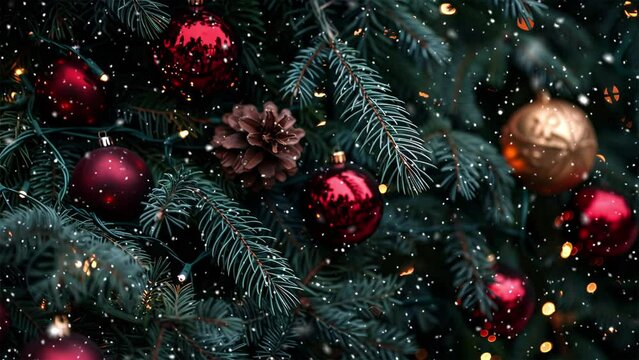 Christmas tree branches with glass balls. Christmas tree. Looped Christmas snow. Falling snowflakes. Generative AI.