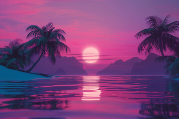 Fototapeta na wymiar Vaporwave Sunset Pink Purple Palm Trees