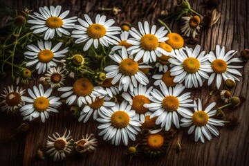 Bunch of wild camomile flowers on weathered wooden background