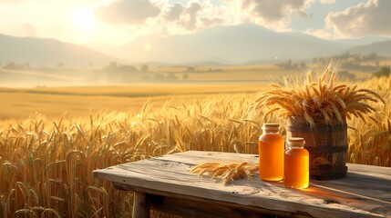 Honey jar on the wooden table and Field of golden wheat with landscape view