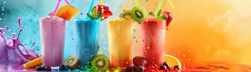 Rainbow fruit smoothie, the highlight, bursting with bright colors, playful vibe, set against a clean background with realistic HD characters - obrazy, fototapety, plakaty
