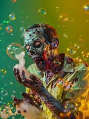 Scary zombie amusingly playing with soap bubbles, featured prominently amid bright colors, lighthearted mood, on a clean background with realistic HD characters