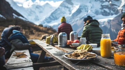 A backpacker's early morning meal at a mountain hostel, consisting of granola bars, fruit, and...