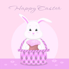 A rabbit sits in a basket and holds an Easter cake. Happy Easter. Vector illustration