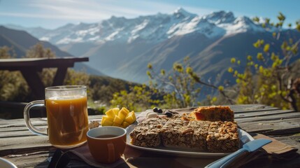 A backpacker's early morning meal at a mountain hostel, consisting of granola bars, fruit, and instant  - obrazy, fototapety, plakaty
