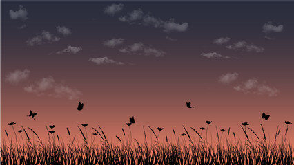 Flowers and grass border, vector illustration, early spring flowers　春の草むらと花とちょうちょのイラスト