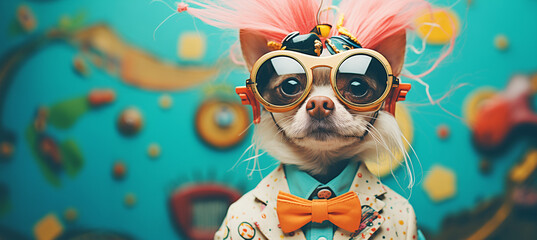 portrait of adorable dog with pink wig and glasses, wearing suit and bowtie, colorful background