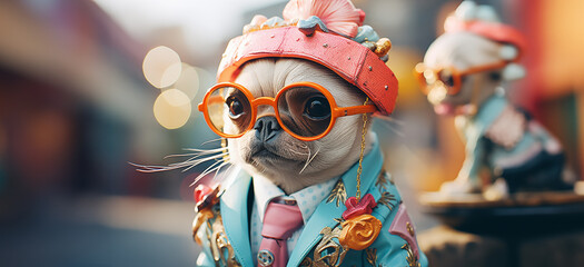 portrait of elegantly dressed dog, glasses and accessories, colorful background, close-up - obrazy, fototapety, plakaty
